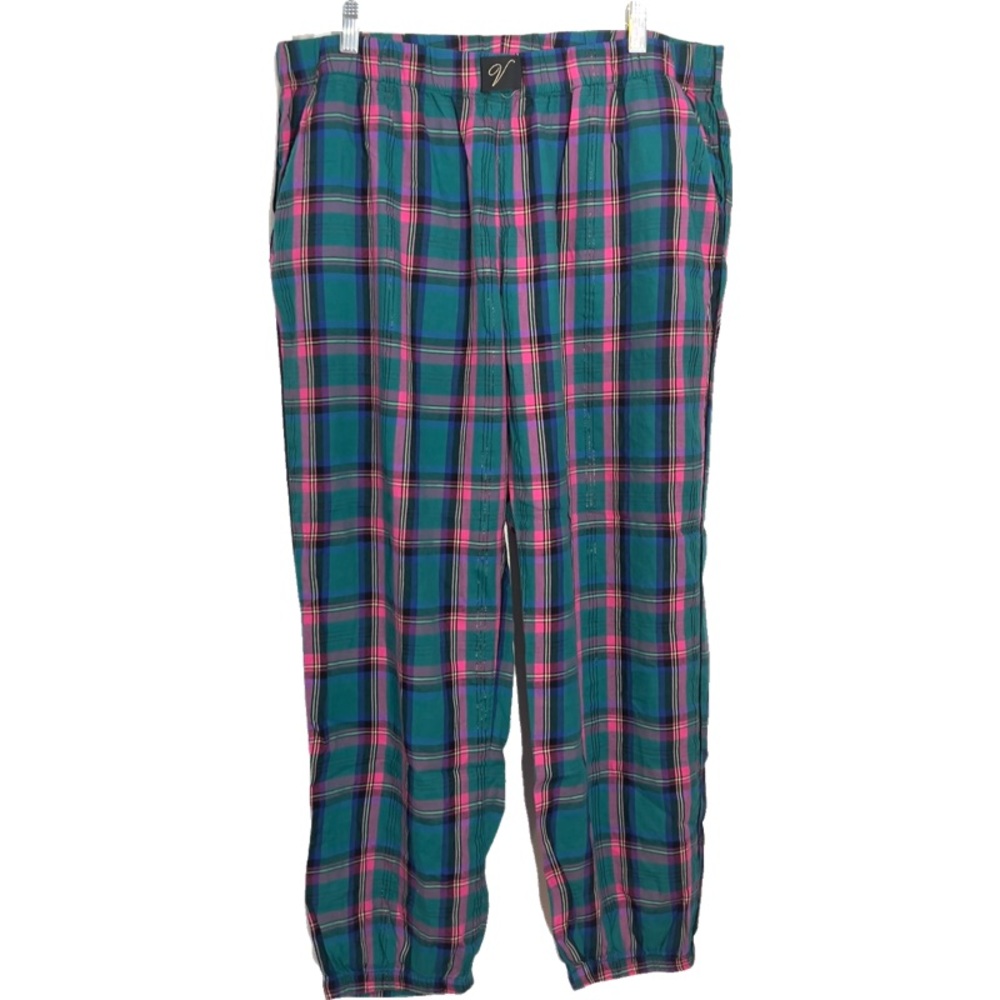 Victoria’s Secret Pink Green Plaid Pajama Pants Elastic Ankles L Short 26” Ins